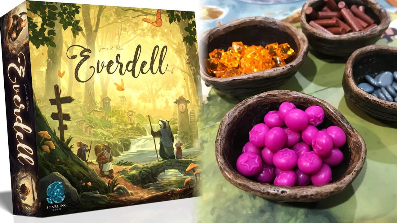 Temptingly tasty board game components - everdell - an image of the everdell box next to the resources in homemade contrainers