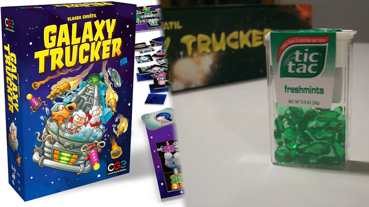 temptingly tasty board game components - the galaxy trucker box next to its components in a tic tac jard